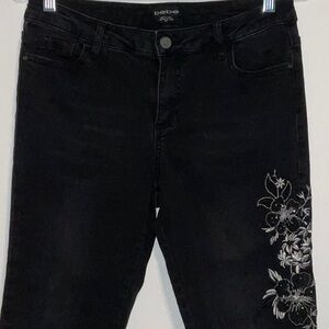 BEBE BLACK DENIM SILVER FLORAL EMBROIDERY STRETCH SKINNY JEANS 29 RAW HEM EUC